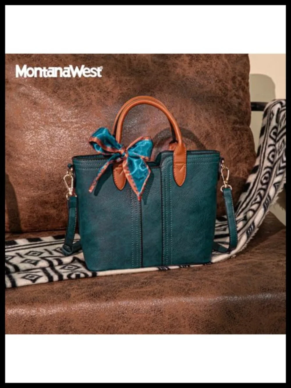 Vegan Leather Satchel Handbag with Detachable Strap, Top Handles, Bow Scarf